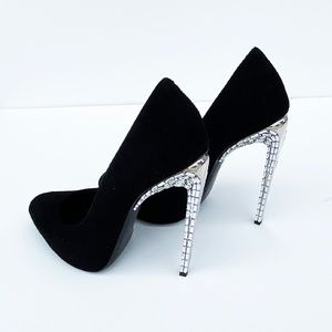 Giuseppe Zanotti 8.5, 39, black suede stilettos, rhinestone mirror heel